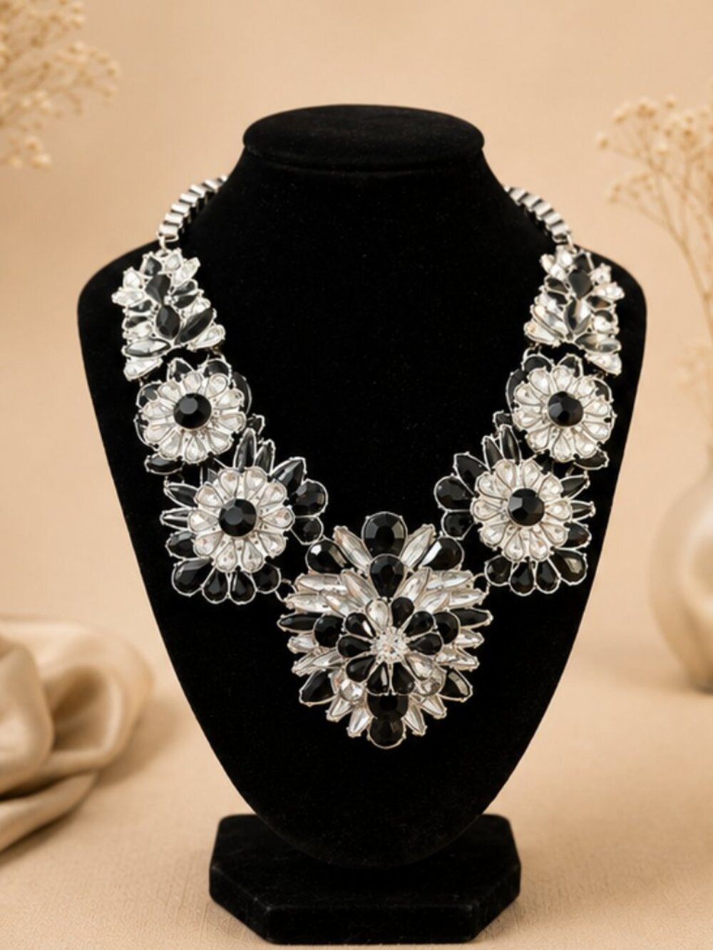 Dramatic Black & Clear Rhinestone Floral Statement Necklace